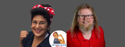 Image of woman dressed as Rosie the Riveter with a red headband on and man in red shirt.