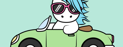 Cartoon unicorn driving in car