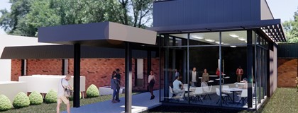 This artist drawing shows the new entrance to the Kenneth J. Smith Building, which features a glassed-in study room adjacent to the covered entrance.