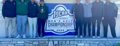 Centurion Men's Golf Team standing next to the NJCAA Division II Men's Golf Championship 2025 sign