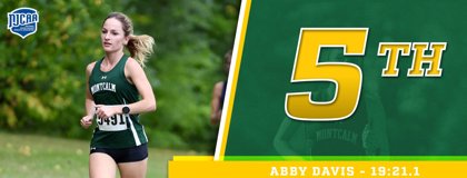MCC women's cross country runner Abby Davis running on a course with words next to her: "5th - Abby Davis 19:21.1 NJCAA DII Individual Ranking"