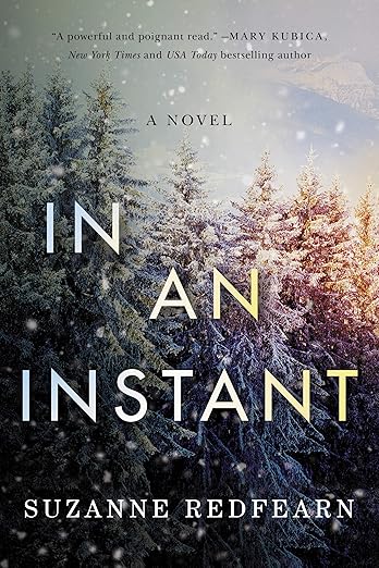 In an Instant book cover with pine trees covered in snow